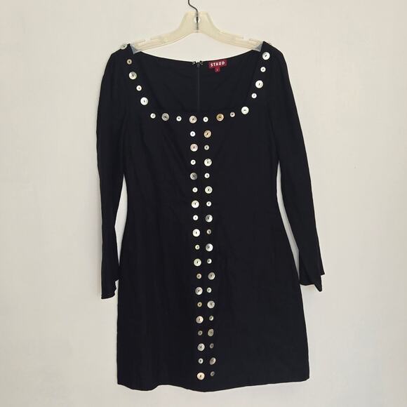 Staud Chiara Dress Linen Black Mother Of Pearl Buttonw Long Sleeve Women 6 - Picture 9 of 13